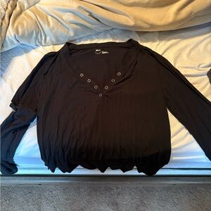 Aerie Black V-Neck Blouse with Eyelet Detail